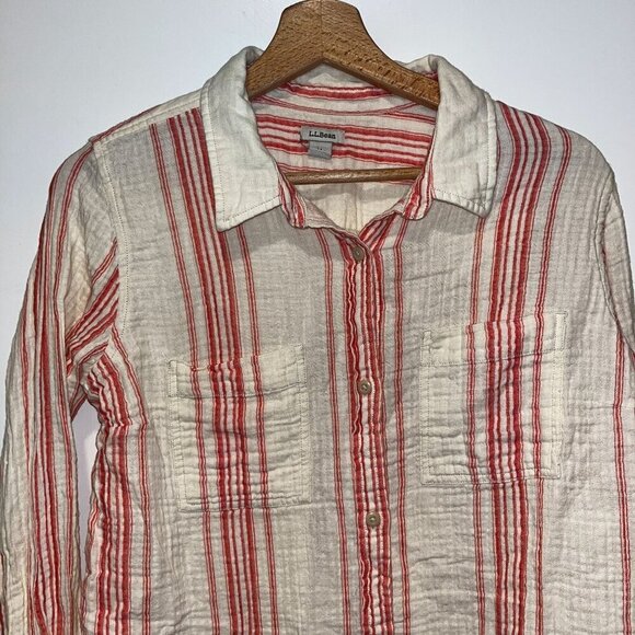 L.L.Bean Womens Medium Red & White Striped Long Sleeve Button-Up Shirt - Picture 3 of 8